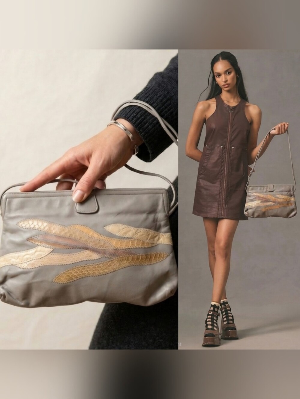 Vintage 80s Venetto USA Gray Leather Crossbody Bag - Snakeskin Patchwork